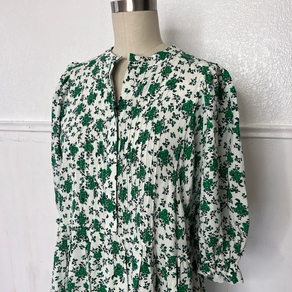 New ZARA green white floral maxi prairie boho tea dress S - Picture 3 of 9